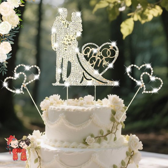 Taart Decoratie Bruiloft - Bruidstaart Topper met Strass Steentjes - Mr & Mrs Deco Bruidstaart Toppers - voor Verlovingsfeest en Bruiloft - Legering Galvaniseren - Goud