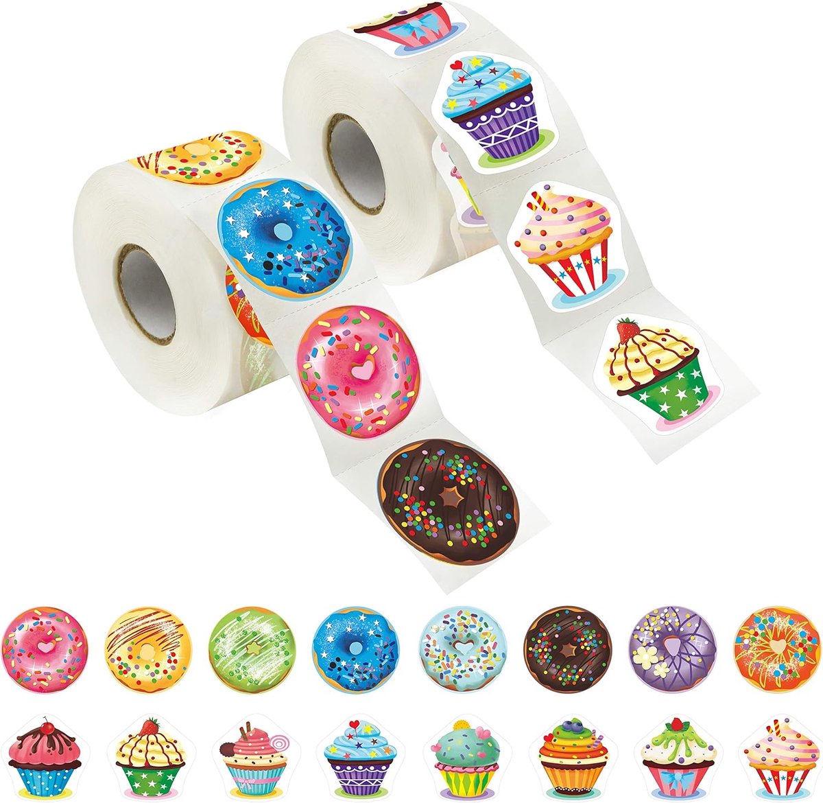 Allecto Plus - Cupcake Donut Feestdecoratie Stickers Megapakket - 600 Stuks - Stimulering - Leraar Beloning - 16 Ontwerpen - Perforatielijn - Diameter 15" - Motiverend