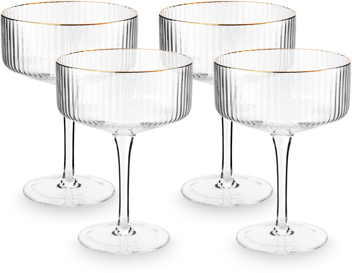 vtwonen Champagneglazen - Voor Champagne of Cava - Champagne coupe - Glazen set van 4 - met Gouden Rand - 230ml