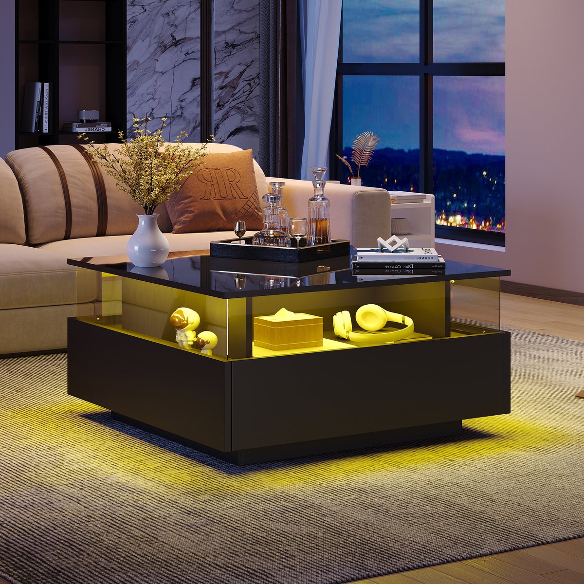 SINGULARITY Salontafel - 70*70*41 cm - Hoogglans LED salontafel - met 2 laden - 30 kg inhoud - Zwart