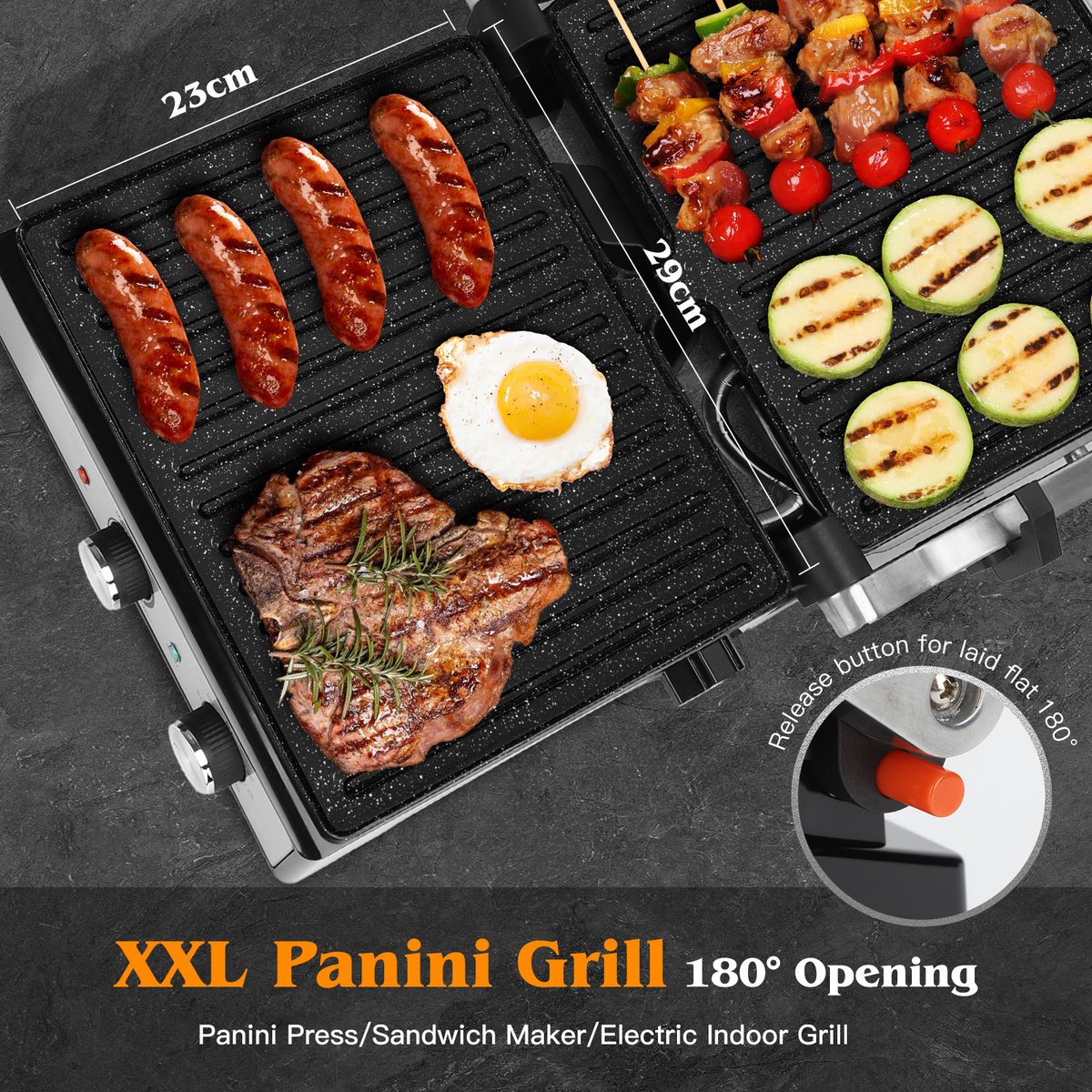 Aigostar Contactgrill - Tosti Apparaat Instelbare Temperatuur - Panini Grill - 29*23cm - PFAS-vrije keramische coating - Timer - 2000W - RVS thumbnail 6