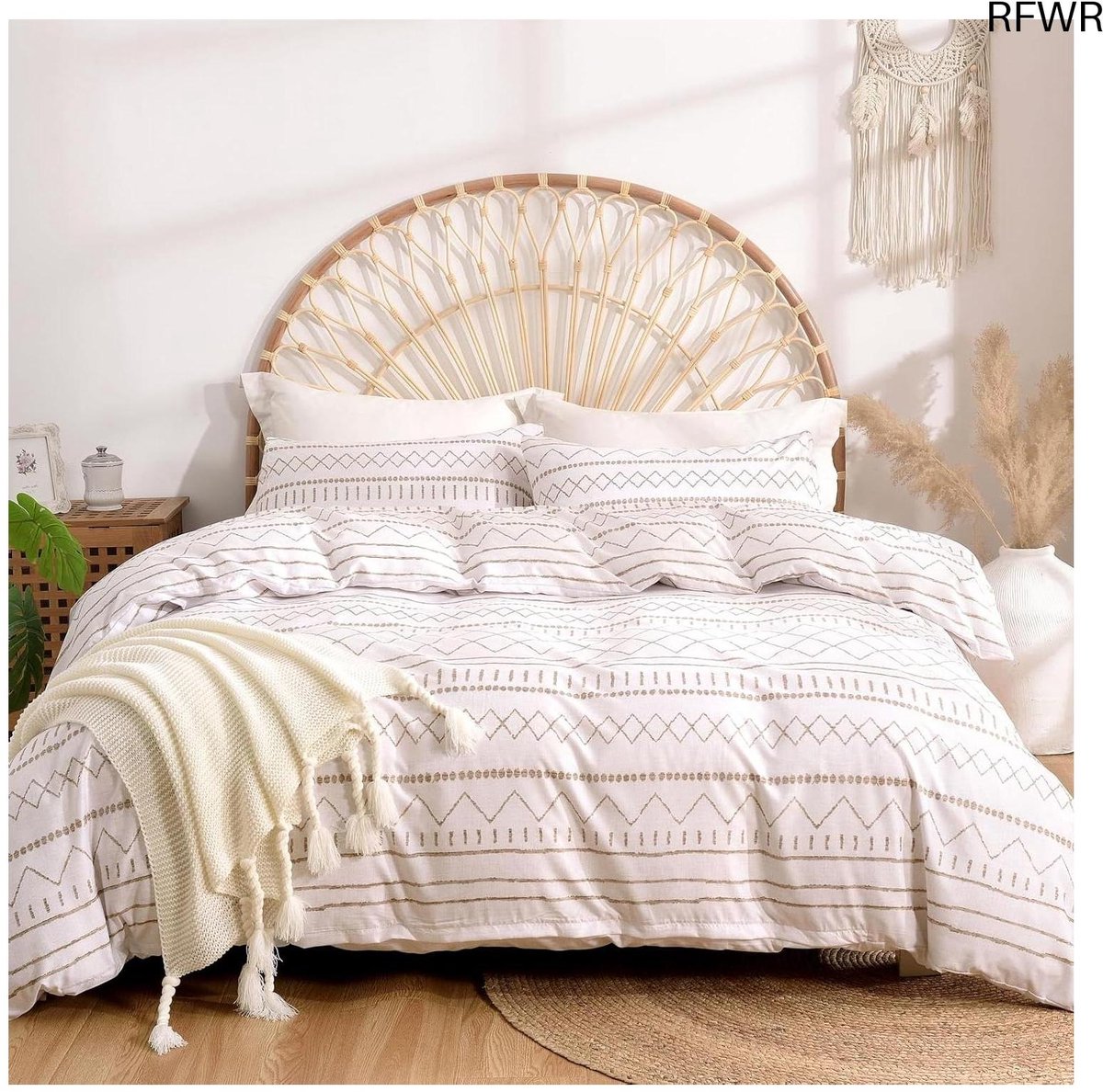 RFWR Dekbedset Boheems Patroon 240x220cm met Kussenslopen 50x75cm - 3 Delige Microvezel Set Beige Streep