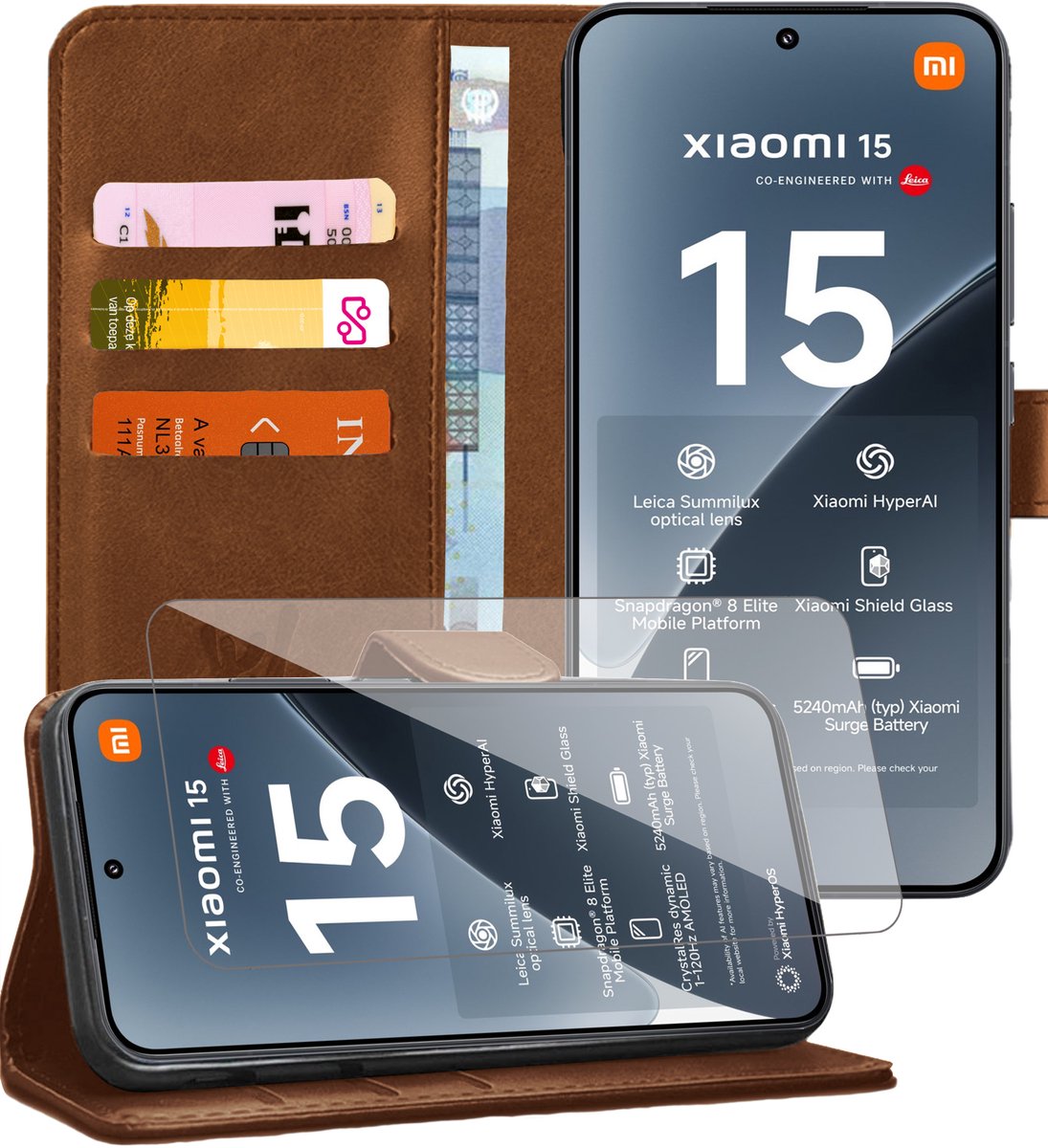 Hoesje geschikt voor Xiaomi 15 - Screenprotector Glas - Portemonnee Book Case Bruin