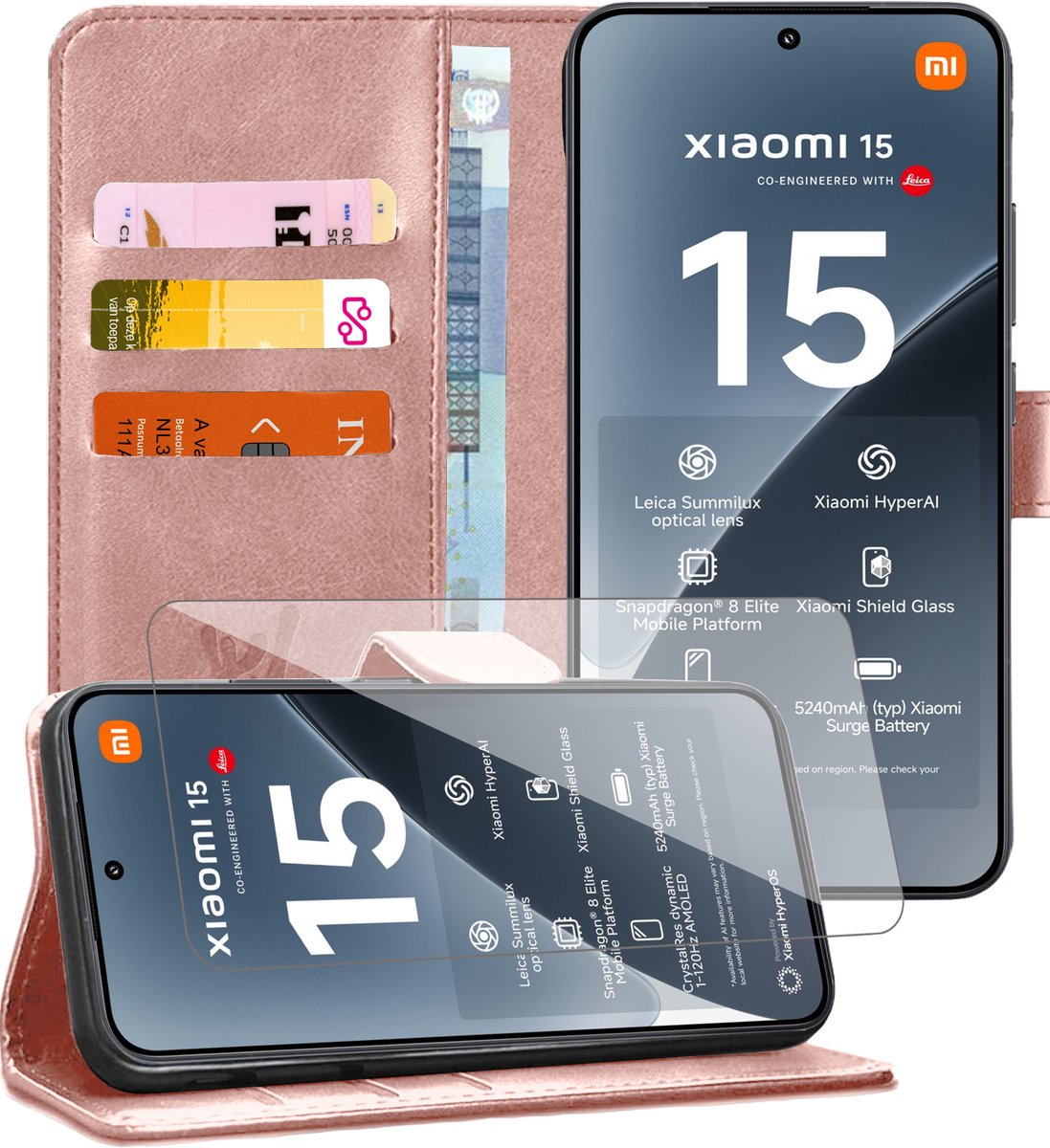 Hoesje geschikt voor Xiaomi 15 - Screenprotector Glas - Portemonnee Book Case Rosegoud