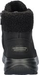 Achterkant van een zwarte Skechers laars met bontkraag en "Waterproof" logo.