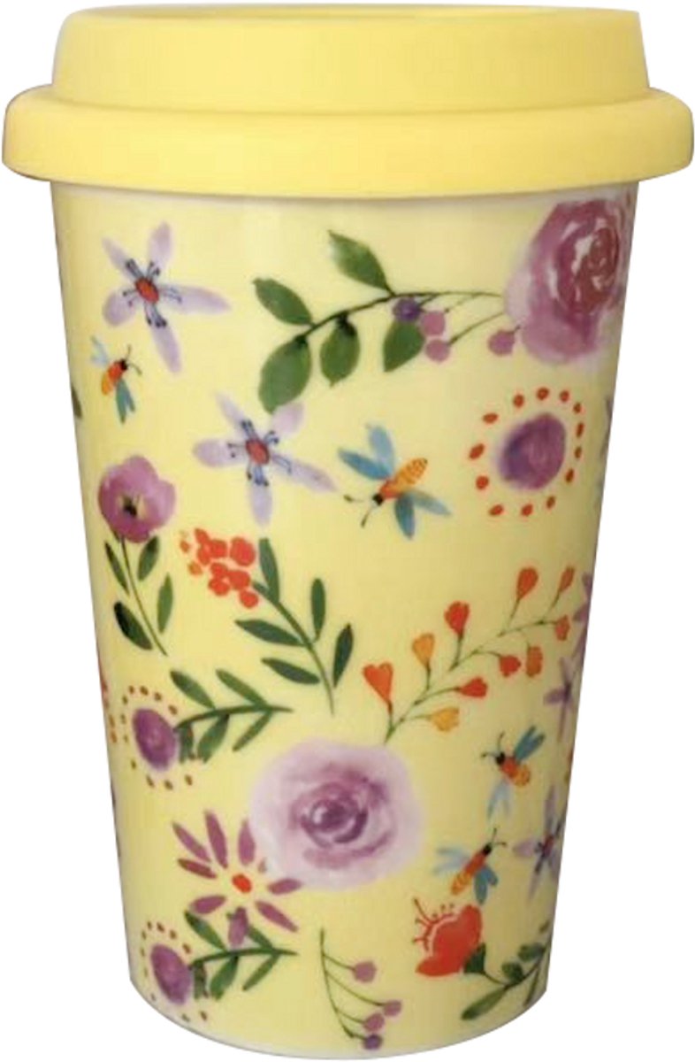 Mok Geel met Siliconen Deksel 430ml - Flowers