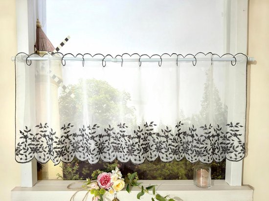 Vordesack Jacquard Panneaux met kwastjes, vitrage kort met borduurwerk, bloemenmotief, bistrogordijnen met trekkoord, 2 stuks, HxB 100 x 60 cm, bloemen