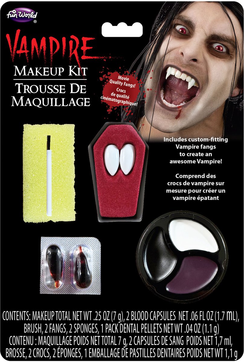 Fun World Vampier Make-up Kit met Tanden Halloween Schmink Pakket voor bij Horror Outfit Nep Bloed Vampier Hoektanden - 1 make-up kwast, 1 gele spons, 1 schminktray (3 kleuren), 2 vampier hoektanden in kistverpakking & 2 bloedcapsules