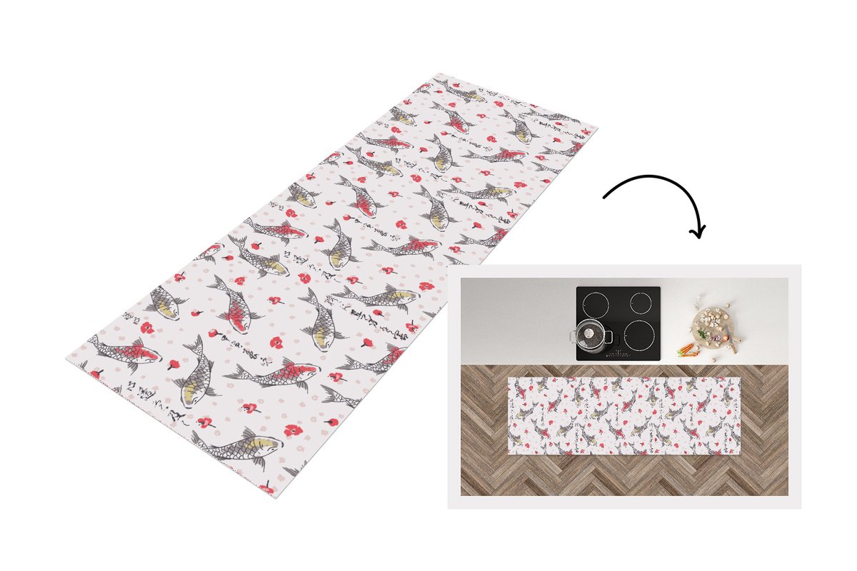 KitchenYeah Keukenloper 150x50 cm - Keukenmat vinyl Vis - Koi - Bloemen - Patronen - Keukenmatten loper - Keuken vloerkleed tapijt Karpers - Patronen
