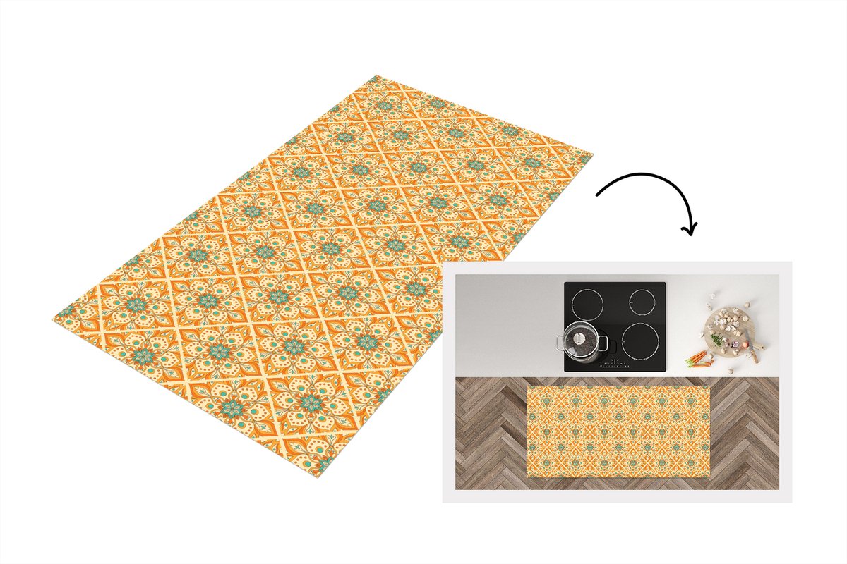 KitchenYeah Keukenloper 120x60 cm - Keukenmat vinyl Mandala - Boho - Bloemen - Oranje - Patroon - Keukenmatten loper - Keuken vloerkleed tapijt