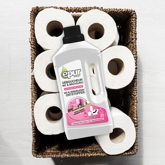 Epur WC & vergruizer ontstopper fles in een mand met toiletrollen.