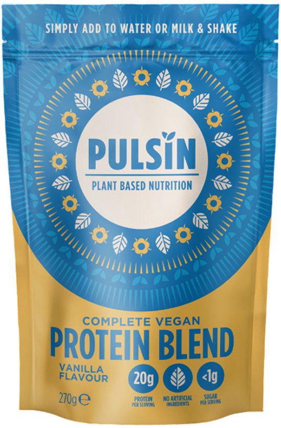 Pulsin Complete Vegan Protein Blend vanille smaak, 270g. Blauwe en gouden verpakking met cirkelvormig patroon.