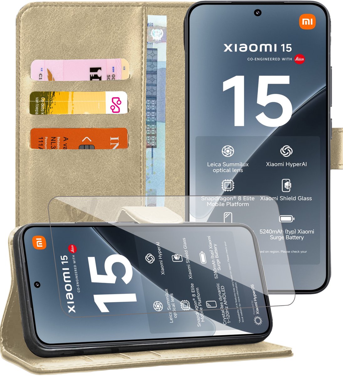 Hoesje geschikt voor Xiaomi 15 - Screenprotector Glas - Portemonnee Book Case Goud