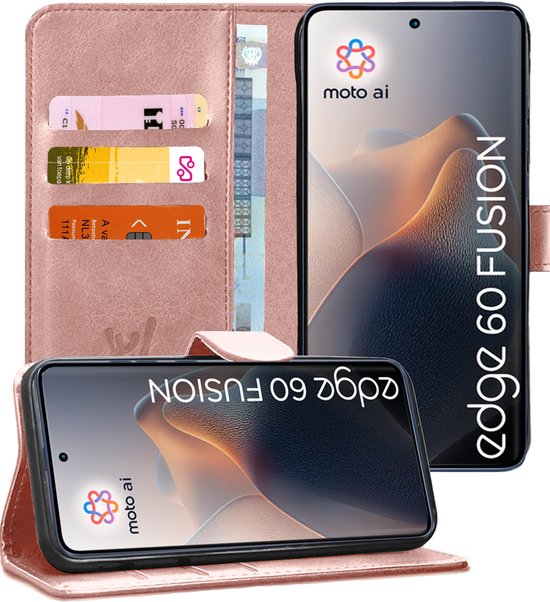 Roze portemonnee hoesje met vakjes voor pasjes en een telefoon met 'moto ai' en 'edge 60 fusion' erop.