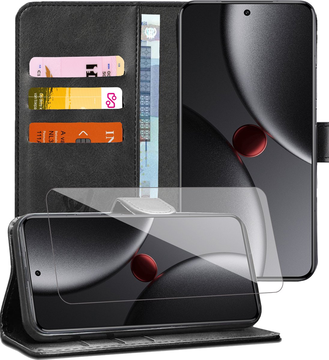 Hoesje geschikt voor Xiaomi 15 Ultra - Screenprotector Glas - Portemonnee Book Case Zwart