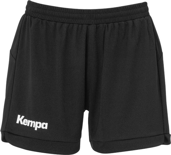 Short de sport noir avec ceinture élastique, poches latérales inclinées et logo 'Kempa' sur la jambe gauche.