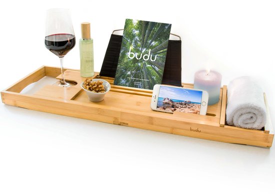 Foto: Budu badplank bamboe badplank hout badplank voor in bad verstelbaar uitschuifbaar badrekje bamboe badrek 70 105 cm