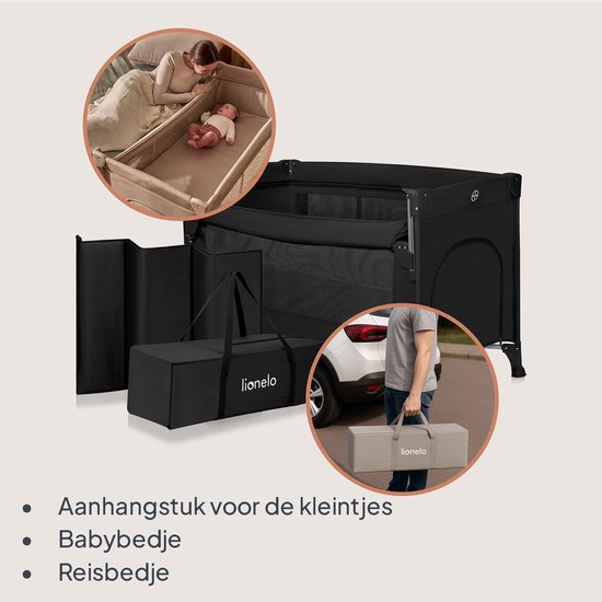 LIONELO ELLEN 3 en 1 Lit de Voyage de 0 à 3 ans, Cododo Pour Nouveau-nés et Enfants Plus Âgés jusqu'à 15 kg, 2 Hauteurs de Matelas, Sangles d'attache, Verrouillage Latéral, 2
