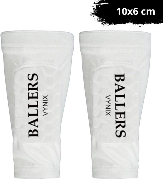 Witte scheenbeschermers met opdruk BALLERS VYNIX, afmeting 10x6 cm