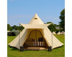 Fameilleur Glamping Tipi Tent 6-Persoons – 450x390x300 cm – Waterdicht & Vlamwerend – Crème-Wit Polyester – Grote Opblaasbare Kampeertent / Familietent –Voor Camping, Festival, Vakantie-Outdoor Partytent – 3000 mm Waterkolom-kampeertent- kampeer tent