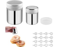Ibenzoa® Set van 2 roestvrijstalen poedersuikerstrooiers met fijne zeef en decoratiesjablonen