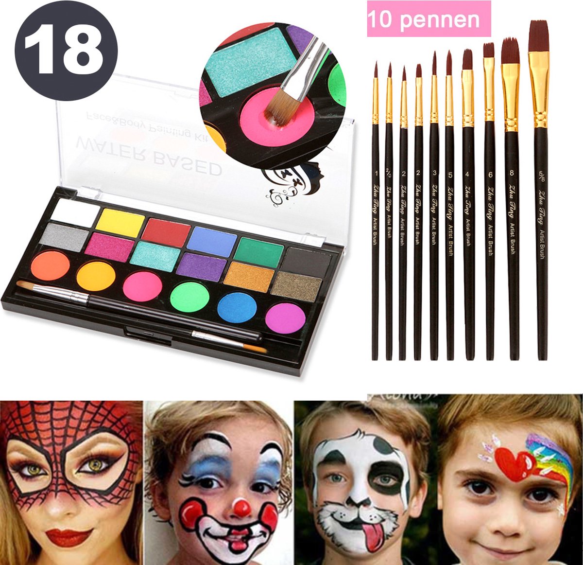 18 Kleuren Schminkset Kinderen – Schmink- Waterbasis Schmink met 10 Penselen– Niet-Giftig – Schmink voor Kind & Volwassene – Halloween, Feest, Schminken — afbeelding 6