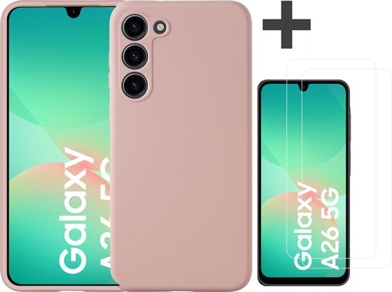 Coque compatible avec Samsung Galaxy A26 en silicone souple avec 2 Protecteurs d'écran en verre trempé - Coque arrière Arara - Rose clair
