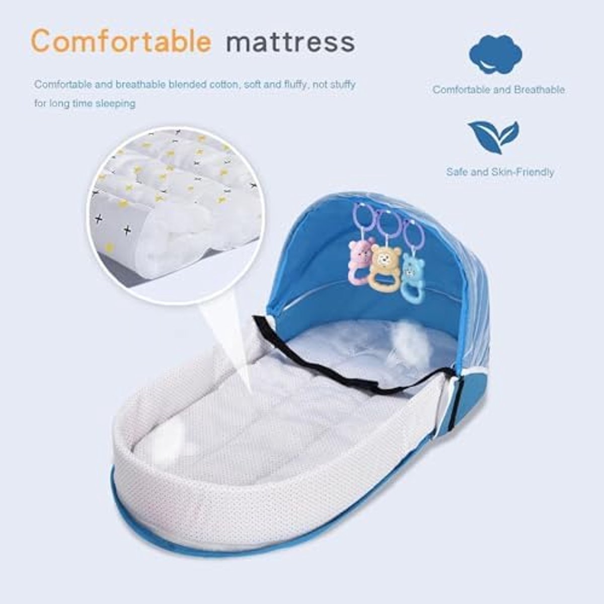 Draagbare Babywieg - Opvouwbaar Reisbedje - Baby Campingbedje - Met Speeltjes - Klamboe & Zonnekap - Lichtgewicht Babybed - 0-10 Maanden - Baby Nest Voor Buiten & Binnen - Makkelijk Mee Te Nemen - Blauw - 80x40x45 cm – foto 6