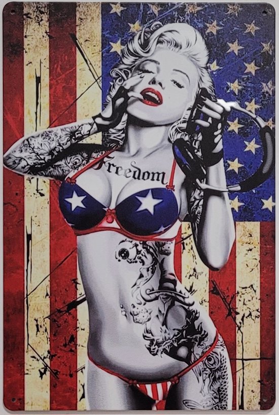 Marilyn Monroe USA Tattoo Reclamebord van metaal METALEN-WANDBORD - MUURPLAAT - VINTAGE - RETRO - HORECA- BORD-WANDDECORATIE -TEKSTBORD - DECORATIEBORD - RECLAMEPLAAT - WANDPLAAT - NOSTALGIE -CAFE- BAR -MANCAVE- KROEG- MAN CAVE
