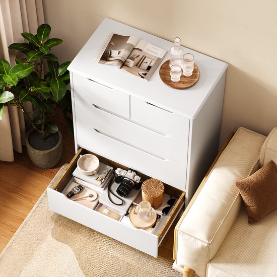 Baroni Home Commode 5 tiroirs en mélaminé, meuble de chambre à coucher ou salon, meuble moderne, blanc, 60 x 40 x 110 cm
