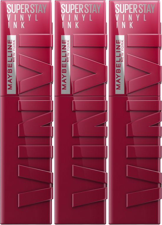 Drie rode verpakkingen van Maybelline SuperStay Vinyl Ink Lippenstift.
