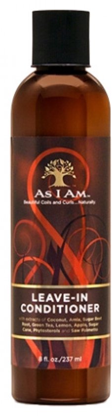 Bouteille marron foncé de revitalisant sans rinçage avec une étiquette marron ornée de lignes rouges ondulées et l'inscription 'LEAVE-IN CONDITIONER'.