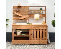 Petite Amélie Modderkeuken Hout - Buitenkeuken kind - Met watergootjes en waterrad - Handige opbergruimte