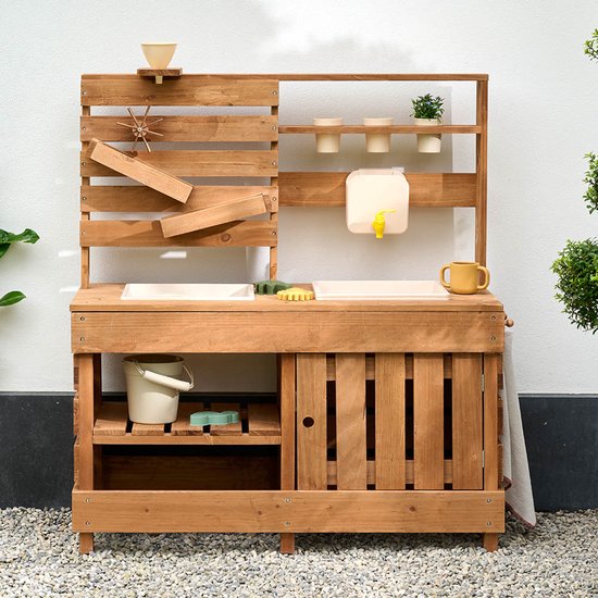 Petite Amélie Modderkeuken Hout - Buitenkeuken - Met watergootjes en waterrad - H 105 cm