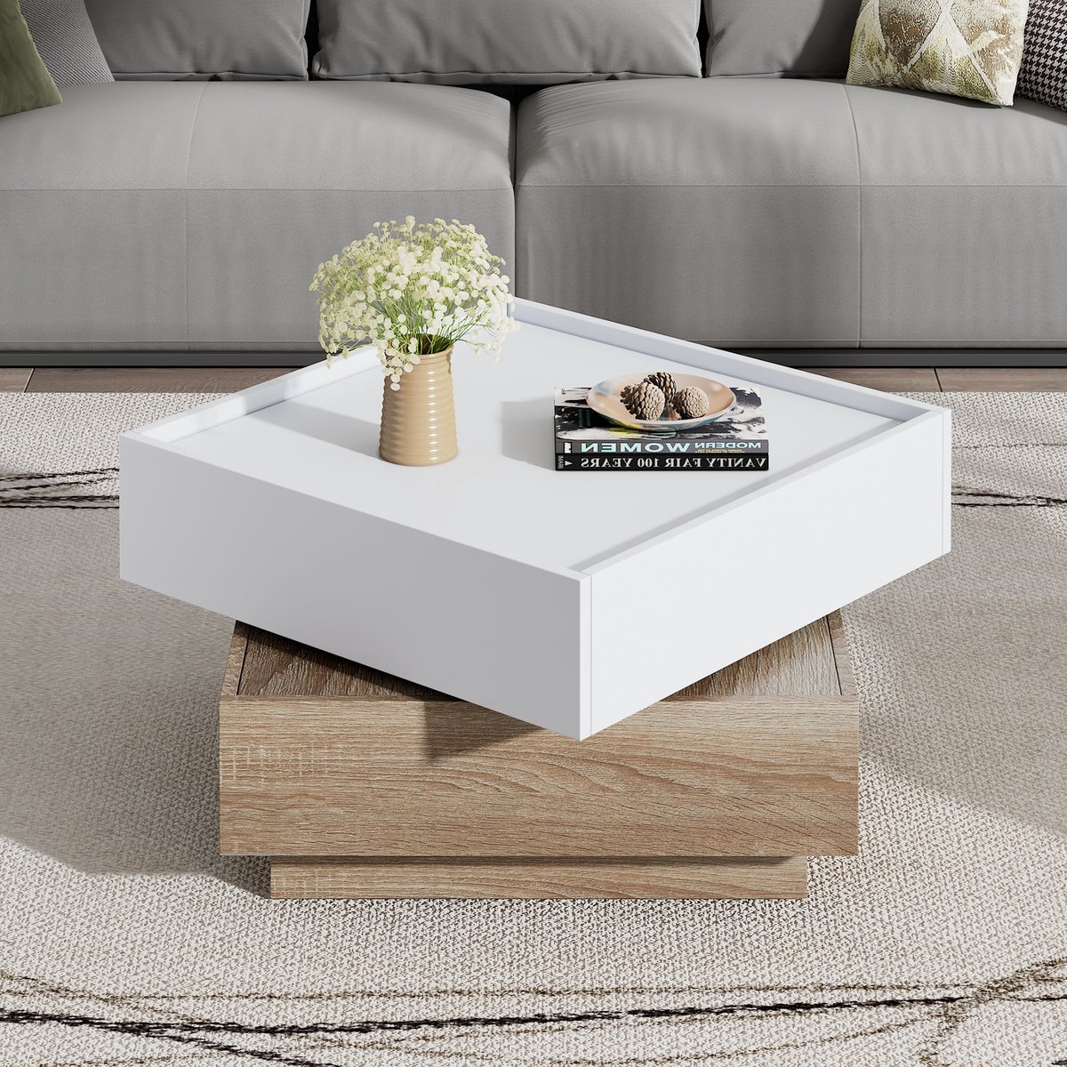 Sweiko Salontafel - 360° Draaibaar tafelblad - 2 lades - Spaanplaat - Wit + Natuurlijke