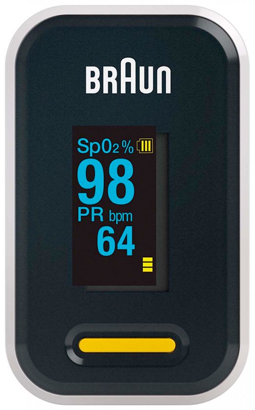 Braun polsoximeter met display, toont SpO2 98% en PR 64 bpm