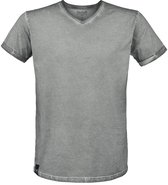 Grijs V-hals T-shirt met korte mouwen, merklabel "BLACK PREMIUM BY EMP" linksonder.