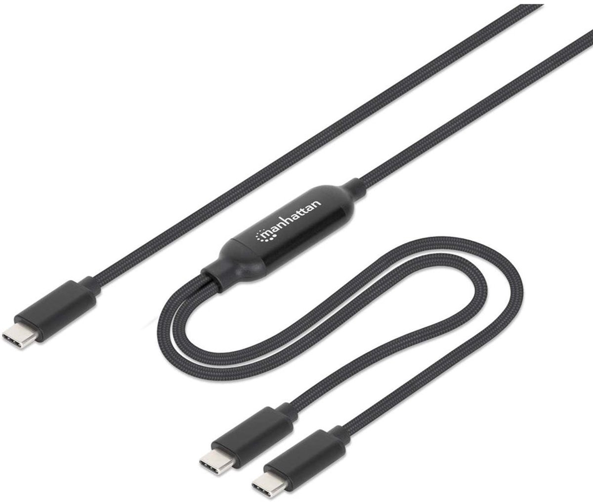 Manhattan Dubbele USB-C naar USB-C oplaadkabel, 100W, 2 m, 1x USB-C naar 2x USB-C, slimme power-splitter, tot 100W enkel of 70W + 28W, gevlochten mantel, aluminium connectoren, zwart, 3 jaar garantie