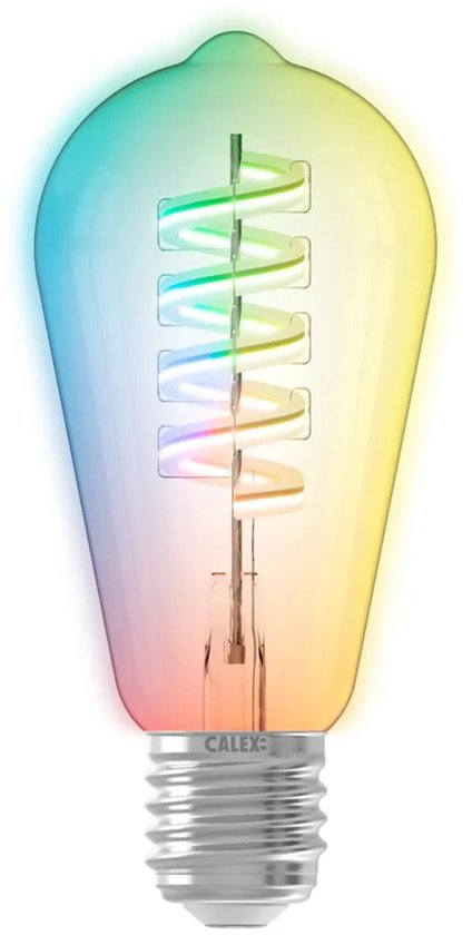 Heldere, rustieke E27 lamp met een gedraaide goudkleurige LED-draad, omringd door een zachte gloed van regenboogkleuren.