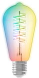 Heldere, rustieke E27 lamp met een gedraaide goudkleurige LED-draad, omringd door een zachte gloed van regenboogkleuren.