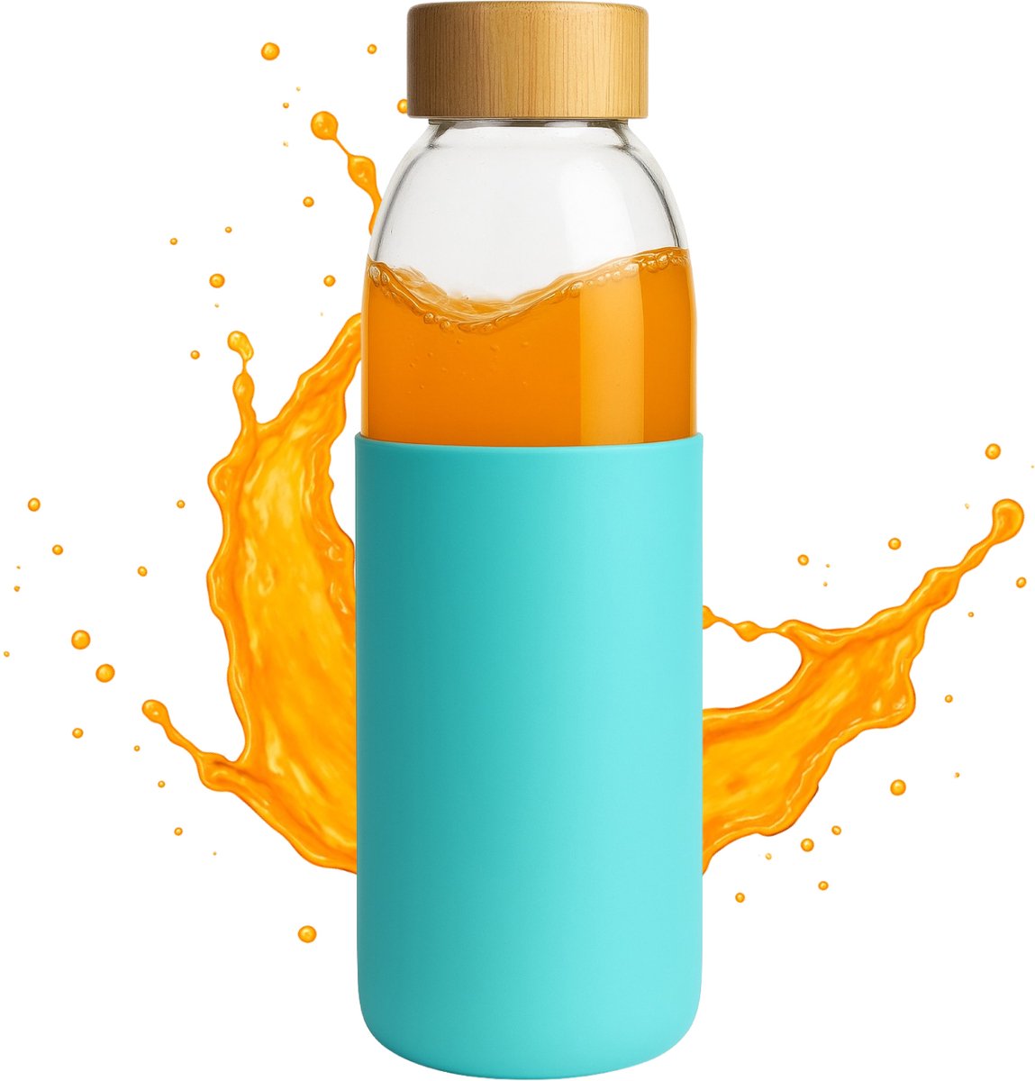 Glazen drinkfles - Waterfles met bamboe dop - Stijlvolle glazen fles met siliconen omhulsel - Drinkbus - Drink fles volwassenen - 500ml - BPA vrij - Transparant / Licht Blauw