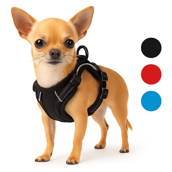 Een kleine, bruine chihuahua draagt een zwart hondentuigje. Kleurencirkels tonen zwart, rood en blauw.