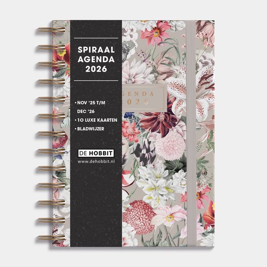 Hobbit - Spiraal Agenda 2026 - B6 (17,5 x 12,5 cm) - Ringband Agenda - 1 week op 2 pagina's - Harde Kaft - Veldbloemen