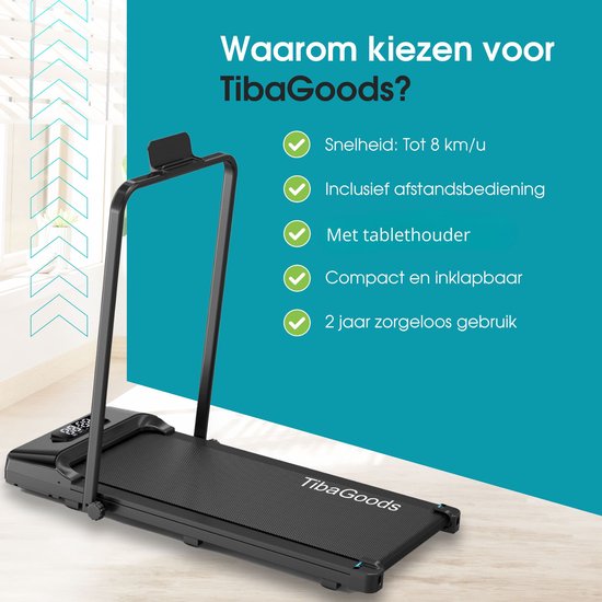 Compacte, inklapbare TibaGoods loopband in zwart met tekst "Waarom kiezen voor TibaGoods?"