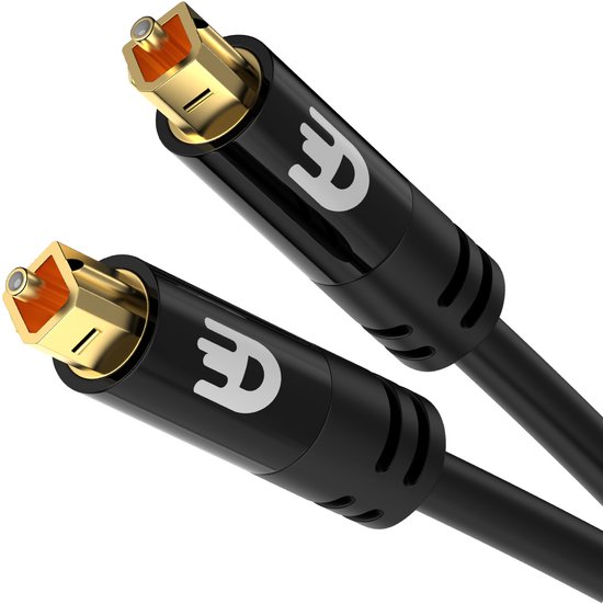 Zwarte optische audiokabel met gouden Toslink-connectoren, merk Drivv.