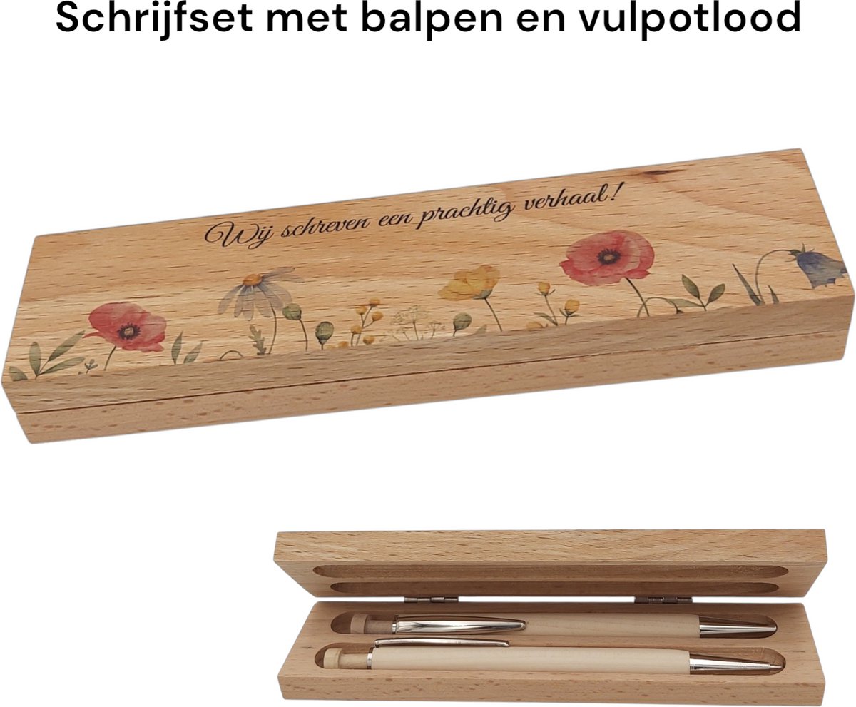 Schrijfset met balpen en vulpotlood - Einde Schooljaar - Bedankt - Bedankt Juf - Cadeau - Bedrukt houten doosje - Schrijfgerief - Bloemen - Geschenk