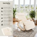 Crèmekleurige schommelstoel met houten frame in een lichte woonkamer bij een raam. Tekst: Comfortabele vulling, verwijderbaar & wasbaar, flexibele voetensteun, inclusief hoofdkussen, massief houten lopers, hoge belastbaarheid.