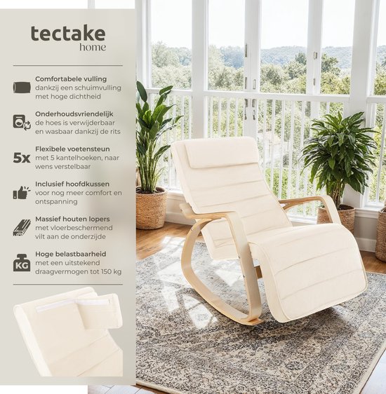 Crèmekleurige schommelstoel met houten frame in een lichte woonkamer bij een raam. Tekst: Comfortabele vulling, verwijderbaar & wasbaar, flexibele voetensteun, inclusief hoofdkussen, massief houten lopers, hoge belastbaarheid.