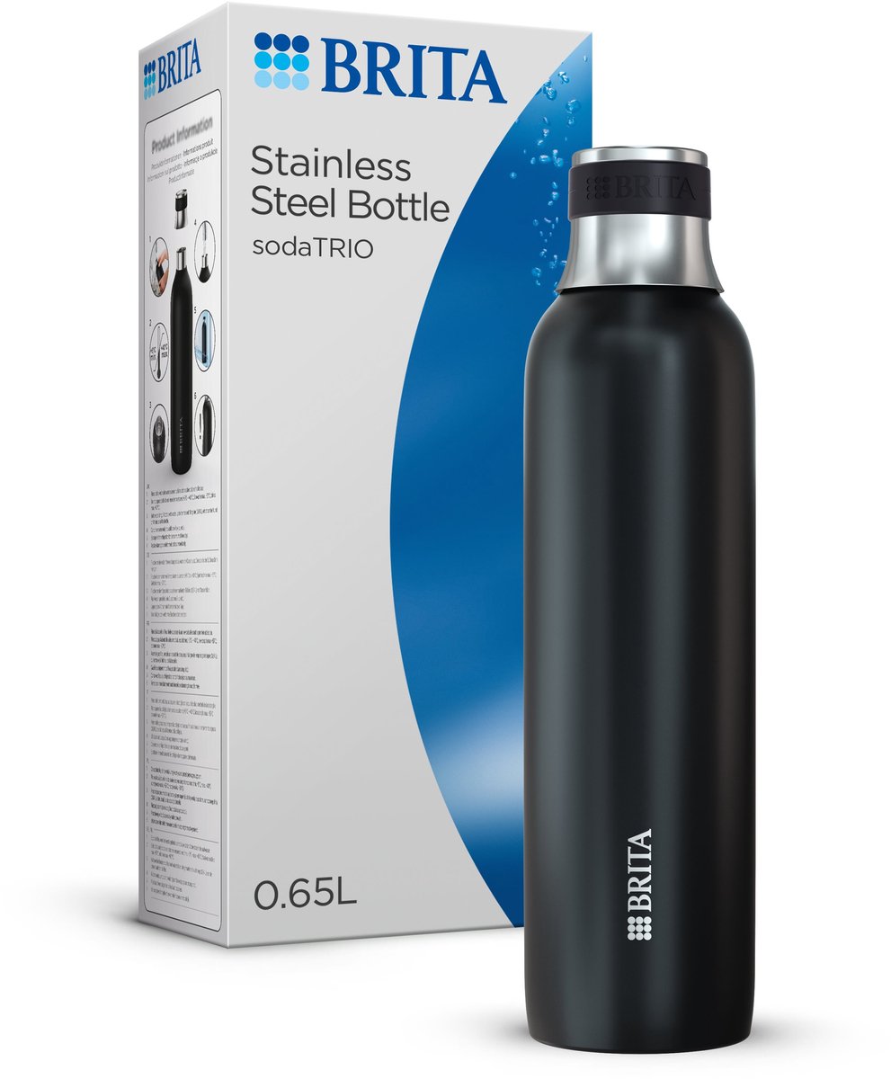 BRITA sodaTRIO kleine thermofles RVS - Zwart - RVS fles zwart (0.65L) voor gebruik met de bruiswatermachine sodaTRIO - Dubbelwandige geïsoleerde premium roestvrijstalen fles met antislip ring