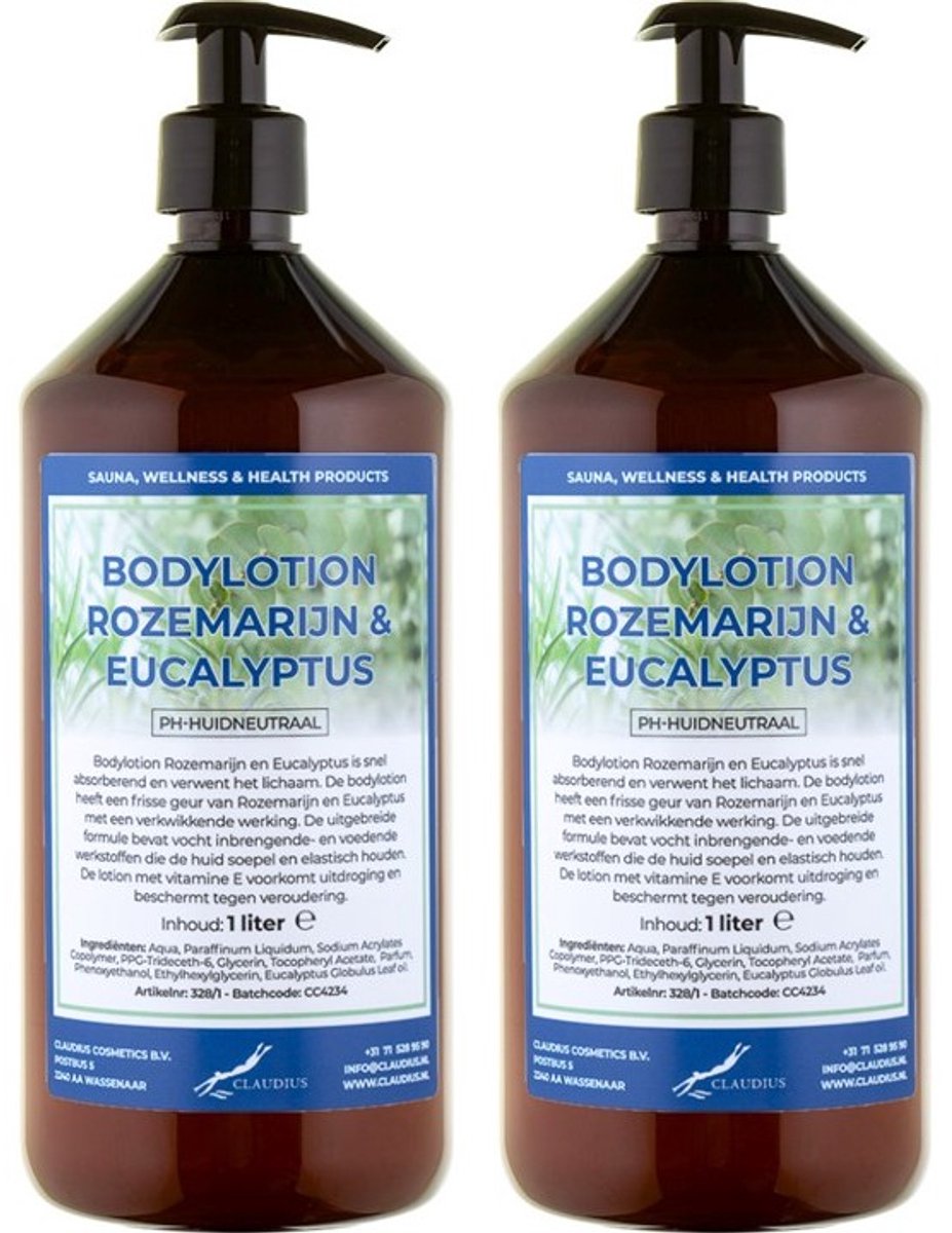 Bodylotion Rozemarijn & Eucalyptus 1 Liter - met gratis pomp - set van 2 stuks